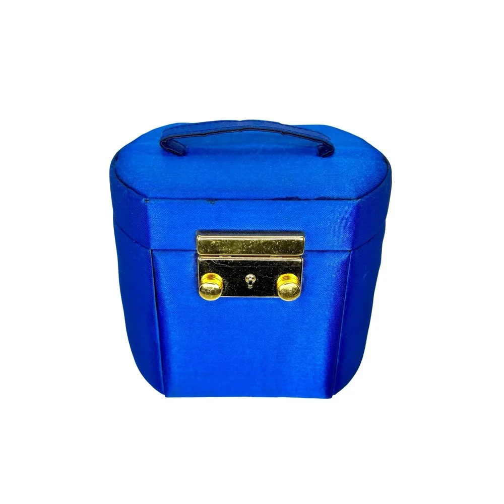 Vintage Blue Travel Jewelry Box Case w/ Mirror Drawers‎ & Keys Gold Hardware